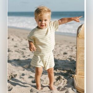 QUINCY MAE Waffle Tee + Short Set || Mint Stripe, Sz 2-3T